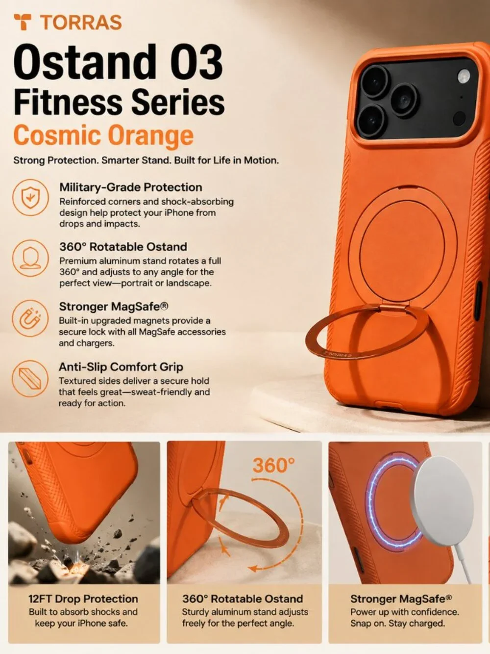 TORRAS Premium Ostand O3 Case for iPhone 17 Pro Max — Cosmic Orange, Brand-New